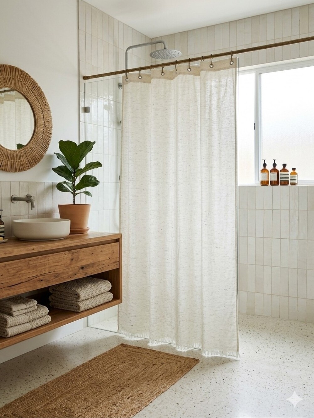 KAS HOME White Textured 100% Cotton Shower Curtain with Fringe Boho Style